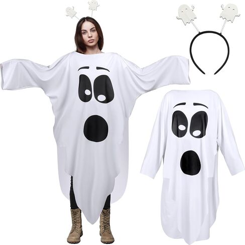 Newcotte 2 Pcs Halloween Ghost Costume Adult White Ghost Poncho with Headband for Funny Halloween Spooky Cosplay Party in Saudi Arabia