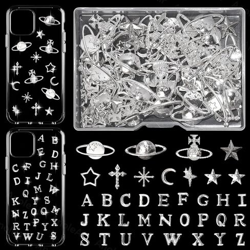126 Pcs Silver Junk Case Charms, Planet Star Heart Nail Charms, Big A-Z Alphabet Letters for Junk Charm, Charm for Junk Cases Nail Art DIY Crafts Accessories in Kuwait