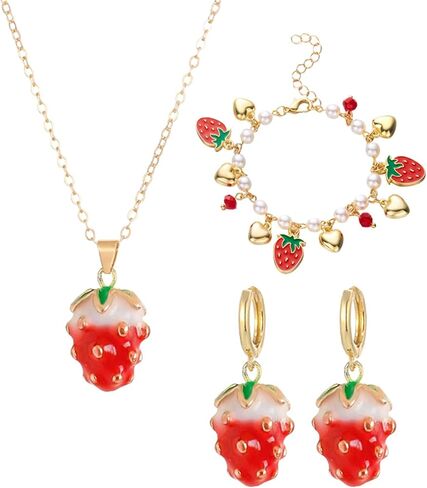 coadipress Strawberry Jewelry Set Red Strawberry Earrings Necklace Bracelet for Women Cute Lifelike Food Fruit Charm Jewelry Birthday Gifts in Saudi Arabia