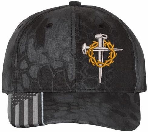 Christian Cross Baseball Cap, Religious Crown of Thorns Design, Typhoon CAMO HAT Jesus Christian Hat Choices mesh Back or USA Flag Brim Adjustable Hat and Free Decal. in Saudi Arabia