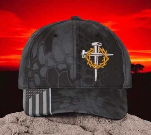 Christian Cross Baseball Cap, Religious Crown of Thorns Design, Typhoon CAMO HAT Jesus Christian Hat Choices mesh Back or USA Flag Brim Adjustable Hat and Free Decal. in Saudi Arabia