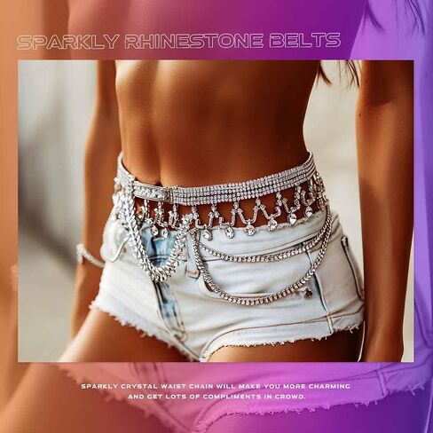 COSYDAYS Sparkly Rhinestone Chain Belts Silver Diamond Dress Belt Bling Waist Accessories for Women in Saudi Arabia
