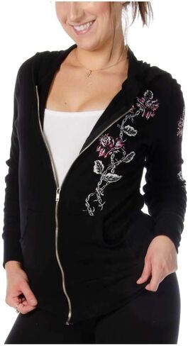 سترة نسائية من Liberty Wear بغطاء رأس خفيف الوزن بسحاب وسلك شائك وورود - أسود in Saudi Arabia
