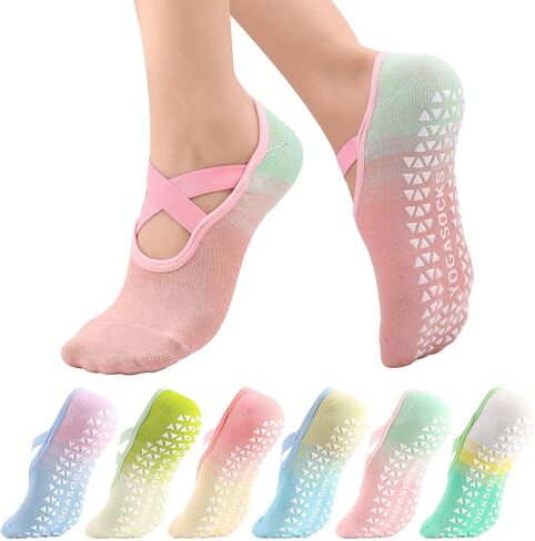 Jspupifip 6 Pairs Pilates Socks for Women Non-Slip Grip & Straps, Gradient Color Cotton Yoga Socks for Pilates, Barre, Barefoot, Dance, Home Workout in Saudi Arabia