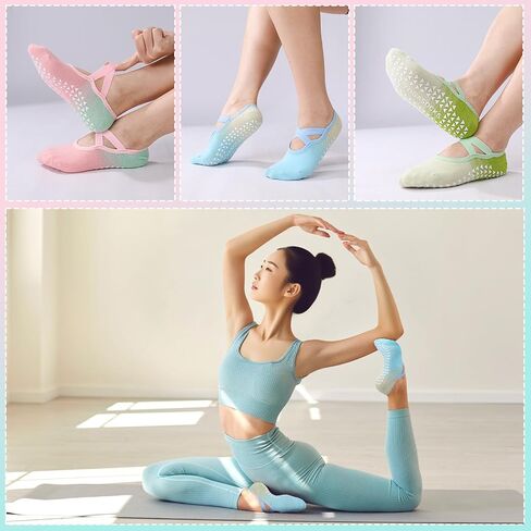 Jspupifip 6 Pairs Pilates Socks for Women Non-Slip Grip & Straps, Gradient Color Cotton Yoga Socks for Pilates, Barre, Barefoot, Dance, Home Workout in Saudi Arabia