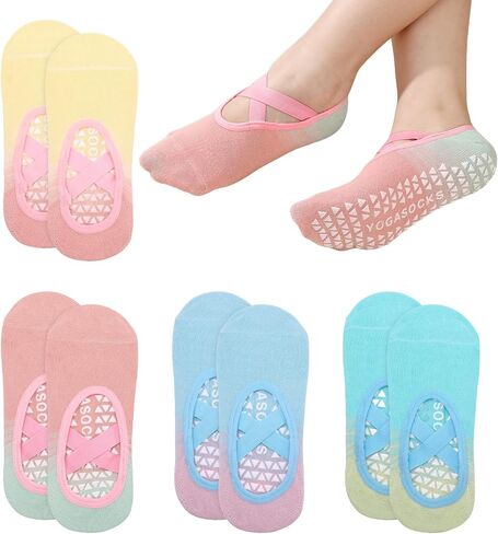 Jspupifip 6 Pairs Pilates Socks for Women Non-Slip Grip & Straps, Gradient Color Cotton Yoga Socks for Pilates, Barre, Barefoot, Dance, Home Workout in Saudi Arabia