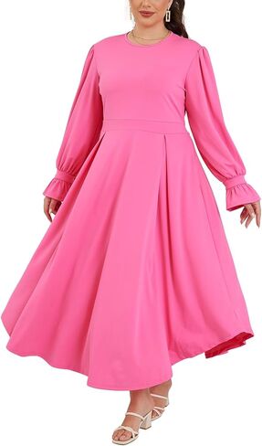 Plus Size Maxi Dress for Curvy Women Long Puff Sleeve Crewneck Stretchy Empire Waist A-line Flowy Outfits with Pockets in Saudi Arabia