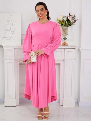 Plus Size Maxi Dress for Curvy Women Long Puff Sleeve Crewneck Stretchy Empire Waist A-line Flowy Outfits with Pockets in Saudi Arabia