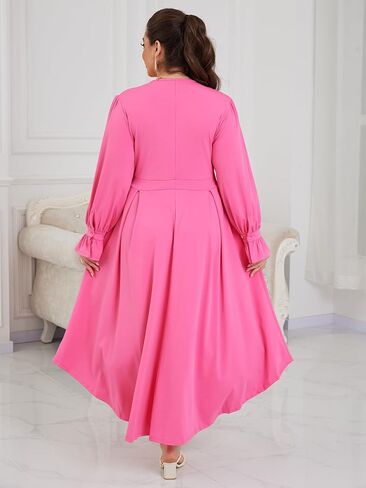 Plus Size Maxi Dress for Curvy Women Long Puff Sleeve Crewneck Stretchy Empire Waist A-line Flowy Outfits with Pockets in Saudi Arabia