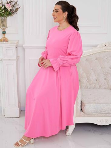 Plus Size Maxi Dress for Curvy Women Long Puff Sleeve Crewneck Stretchy Empire Waist A-line Flowy Outfits with Pockets in Saudi Arabia