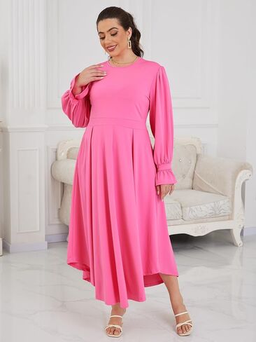 Plus Size Maxi Dress for Curvy Women Long Puff Sleeve Crewneck Stretchy Empire Waist A-line Flowy Outfits with Pockets in Saudi Arabia