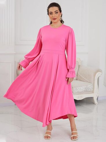 Plus Size Maxi Dress for Curvy Women Long Puff Sleeve Crewneck Stretchy Empire Waist A-line Flowy Outfits with Pockets in Saudi Arabia