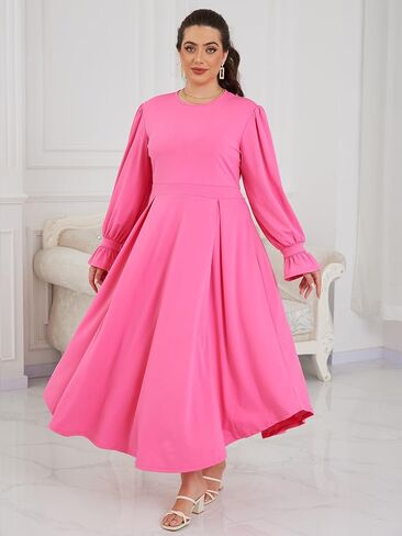 Plus Size Maxi Dress for Curvy Women Long Puff Sleeve Crewneck Stretchy Empire Waist A-line Flowy Outfits with Pockets in Saudi Arabia