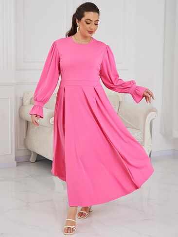 Plus Size Maxi Dress for Curvy Women Long Puff Sleeve Crewneck Stretchy Empire Waist A-line Flowy Outfits with Pockets in Saudi Arabia