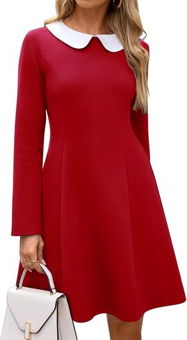 YATHON Women's Vintage Long Sleeve Fall Work Dress Cute Peter Pan Collar 50s Fit and Flare Short Mini Aline Skater Dresses in Saudi Arabia