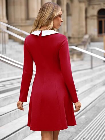 YATHON Women's Vintage Long Sleeve Fall Work Dress Cute Peter Pan Collar 50s Fit and Flare Short Mini Aline Skater Dresses in Saudi Arabia