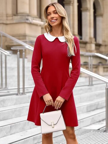 YATHON Women's Vintage Long Sleeve Fall Work Dress Cute Peter Pan Collar 50s Fit and Flare Short Mini Aline Skater Dresses in Saudi Arabia