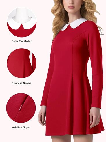 YATHON Women's Vintage Long Sleeve Fall Work Dress Cute Peter Pan Collar 50s Fit and Flare Short Mini Aline Skater Dresses in Saudi Arabia