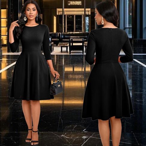 Women's Casual Long Sleeve Midi Dress Elegant A Line Empire Waist Crew Neck Flowy Swing Dress in Saudi Arabia