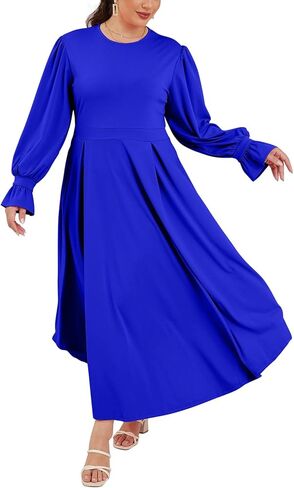 Plus Size Maxi Dress for Curvy Women Long Puff Sleeve Crewneck Stretchy Empire Waist A-line Flowy Outfits with Pockets in Saudi Arabia