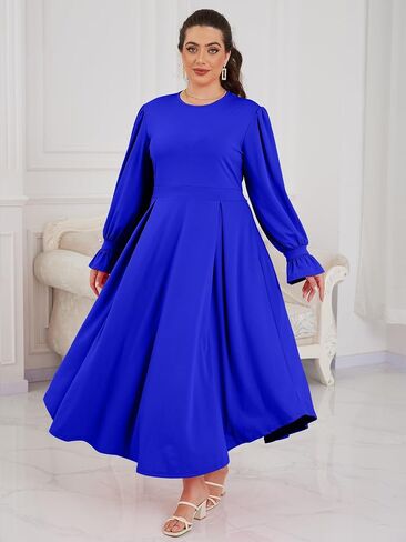 Plus Size Maxi Dress for Curvy Women Long Puff Sleeve Crewneck Stretchy Empire Waist A-line Flowy Outfits with Pockets in Saudi Arabia