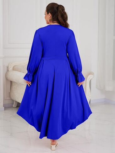 Plus Size Maxi Dress for Curvy Women Long Puff Sleeve Crewneck Stretchy Empire Waist A-line Flowy Outfits with Pockets in Saudi Arabia