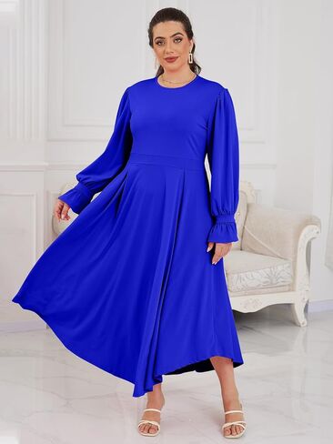 Plus Size Maxi Dress for Curvy Women Long Puff Sleeve Crewneck Stretchy Empire Waist A-line Flowy Outfits with Pockets in Saudi Arabia