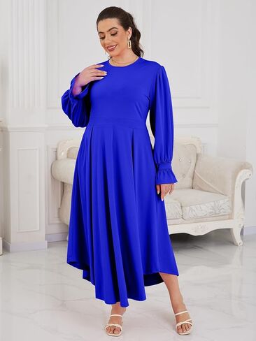 Plus Size Maxi Dress for Curvy Women Long Puff Sleeve Crewneck Stretchy Empire Waist A-line Flowy Outfits with Pockets in Saudi Arabia