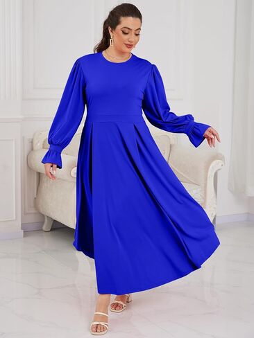 Plus Size Maxi Dress for Curvy Women Long Puff Sleeve Crewneck Stretchy Empire Waist A-line Flowy Outfits with Pockets in Saudi Arabia