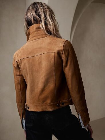 Luis Suede Lambskin Leather Jacket For Women Spread Collar Chest Flap Pockets Button Front Closure For Western Party Wear in Saudi Arabia