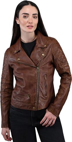 Frye WOMEN’S LEATHER MOTO JACKET, GENUINE LEATHER, QUILTED SHOULDERS, ASYMMETRICAL ZIP – MOKA TOBACCO COLOR in Saudi Arabia