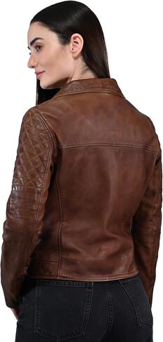 Frye WOMEN’S LEATHER MOTO JACKET, GENUINE LEATHER, QUILTED SHOULDERS, ASYMMETRICAL ZIP – MOKA TOBACCO COLOR in Saudi Arabia