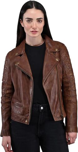 Frye WOMEN’S LEATHER MOTO JACKET, GENUINE LEATHER, QUILTED SHOULDERS, ASYMMETRICAL ZIP – MOKA TOBACCO COLOR in Saudi Arabia