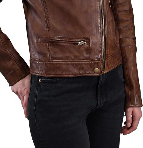 Frye WOMEN’S LEATHER MOTO JACKET, GENUINE LEATHER, QUILTED SHOULDERS, ASYMMETRICAL ZIP – MOKA TOBACCO COLOR in Saudi Arabia