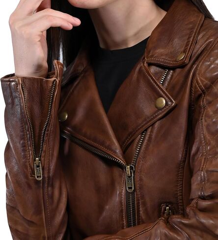 Frye WOMEN’S LEATHER MOTO JACKET, GENUINE LEATHER, QUILTED SHOULDERS, ASYMMETRICAL ZIP – MOKA TOBACCO COLOR in Saudi Arabia