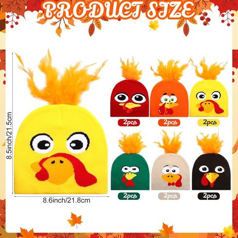 12 Pcs Thanksgiving Turkey Knitted Beanie Hats - 6 Colors with Orange Feathers, Funny Cosplay Caps for Party, Outdoor (Adults & Teens) in Saudi Arabia