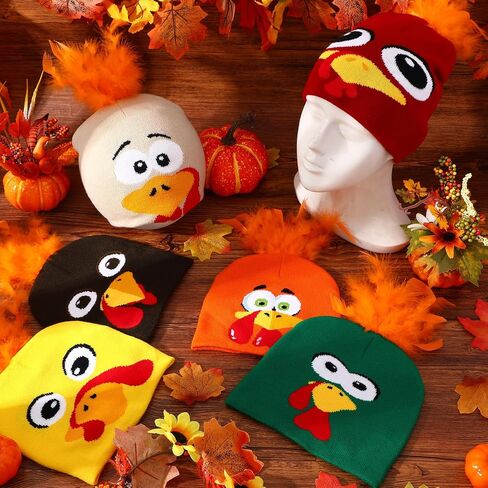 12 Pcs Thanksgiving Turkey Knitted Beanie Hats - 6 Colors with Orange Feathers, Funny Cosplay Caps for Party, Outdoor (Adults & Teens) in Saudi Arabia