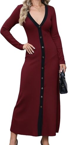 Women's Long Sleeve Ribbed Knit Bodycon Sweater V-Neck Button Down Color Blocked Casual Midi Party Dress in Kuwait