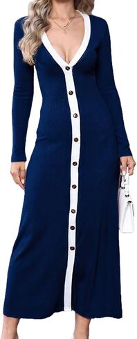 Women's Long Sleeve Ribbed Knit Bodycon Sweater V-Neck Button Down Color Blocked Casual Midi Party Dress in Kuwait