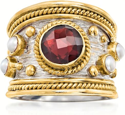 Ross-Simons 2.20 Carat Garnet and 3mm Cultured Pearl Ring in Sterling Silver and 18kt Gold Over Silver in Saudi Arabia