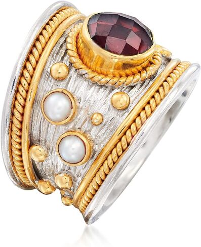 Ross-Simons 2.20 Carat Garnet and 3mm Cultured Pearl Ring in Sterling Silver and 18kt Gold Over Silver in Saudi Arabia