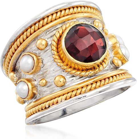 Ross-Simons 2.20 Carat Garnet and 3mm Cultured Pearl Ring in Sterling Silver and 18kt Gold Over Silver in Saudi Arabia
