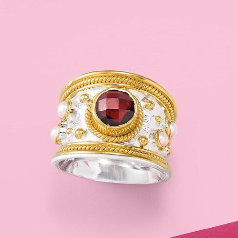 Ross-Simons 2.20 Carat Garnet and 3mm Cultured Pearl Ring in Sterling Silver and 18kt Gold Over Silver in Saudi Arabia