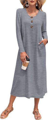 MOLERANI Women's Long Sleeve Maxi Dress with Pockets - Casual, Knit, Loose, Button, Crew Neck, Lightweight(XS-3XL) in Kuwait