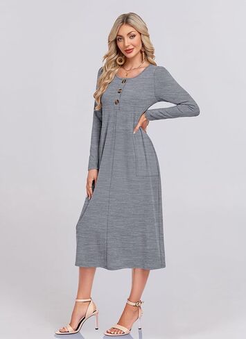 MOLERANI Women's Long Sleeve Maxi Dress with Pockets - Casual, Knit, Loose, Button, Crew Neck, Lightweight(XS-3XL) in Kuwait