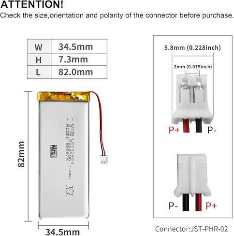 EEMB 3.7V Lipo Battery 950mAh 503450 Lithium Polymer ion Battery Rechargeable Lithium ion Polymer Battery with JST Connector Make Sure Device Polarity Matches with Battery Before Purchase in Kuwait