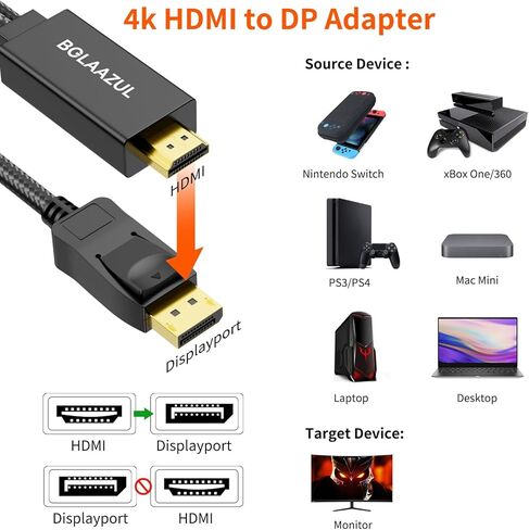 BolAAzuL HDMI to DisplayPort Cable 4K@60Hz Black, Unidirectional HDMI Source to Display Port Monitor Cable USB Powered, HDMI Male Input to DP Male Output Converter Adapter Cord for PS5, PS4 Pro in Kuwait
