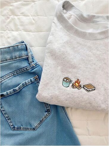 SHENHE Women's Crewneck Sweatshirt Cute Embroidered Long Sleeve Drop Shoulder Lined Fall Sweatshirt Pullover in Saudi Arabia