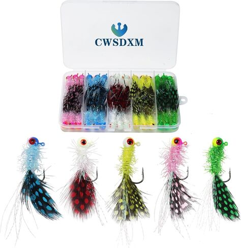 Crappie Jig Heads Kit, Lifelike Eyes Marabou Hair Jigs with Coloured Spotted Feather and Sharp Hooks for Panfish Crappie Walleye Striper Fishing 1/8 1/14 1/28 oz in Kuwait