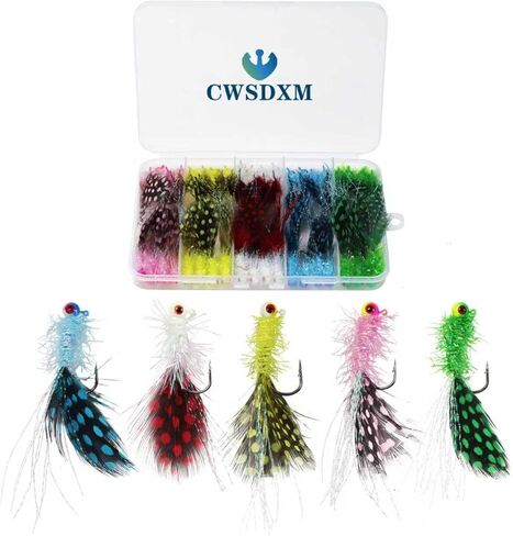 Crappie Jig Heads Kit, Lifelike Eyes Marabou Hair Jigs with Coloured Spotted Feather and Sharp Hooks for Panfish Crappie Walleye Striper Fishing 1/8 1/14 1/28 oz in Kuwait